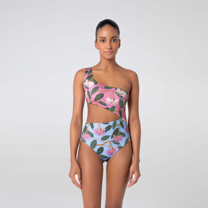 Swimsuit Monika / C4 - one-shoulder one-piece swimsuit with floral